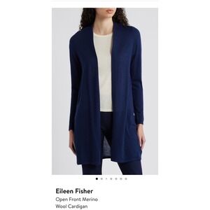 Eileen Fisher Open Front Merino Wool Cardigan Women Sz XXS Navy Quiet Luxury EUC